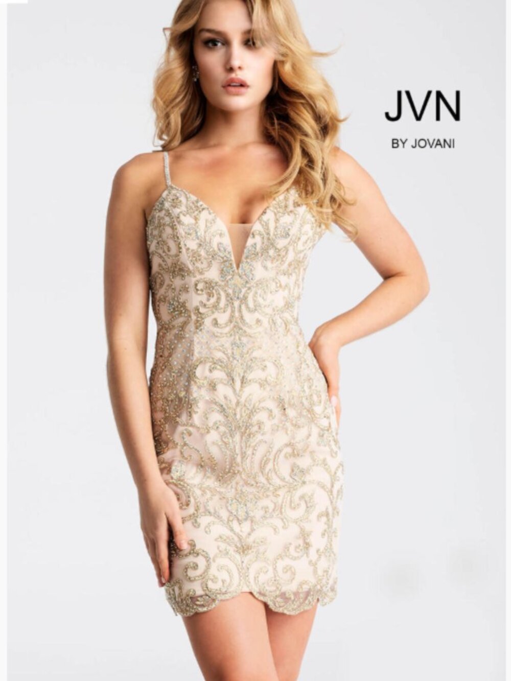 NEW JOVANI JVN Homecoming JVN53184 6 small Straps mini Dress Gold Beaded biege